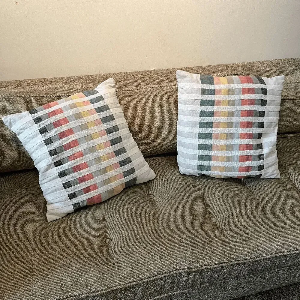 Set 2 Modern Woven Throw Pillows 18x18 Multicolor Grid Pattern Scandi MCM